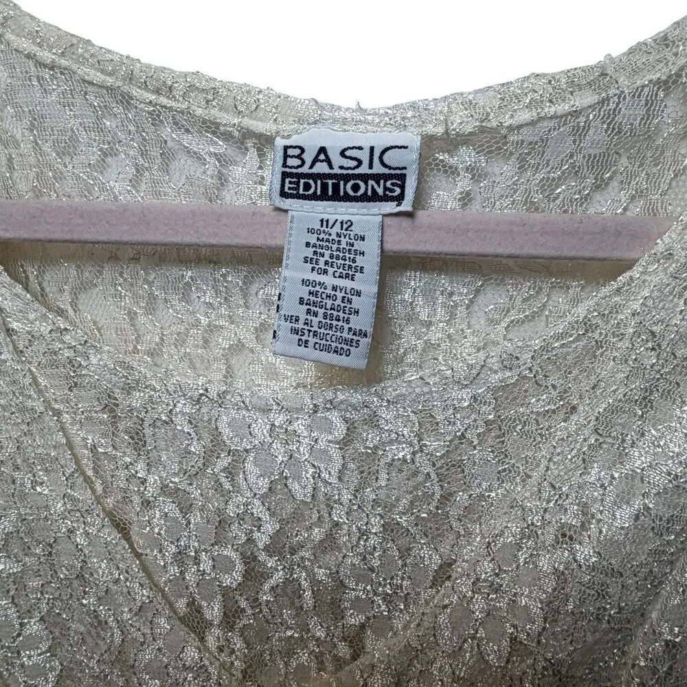 Basic Editions Ivory Floral Lace Maxi Dress Juniors 11/12 V-Neck Button Front